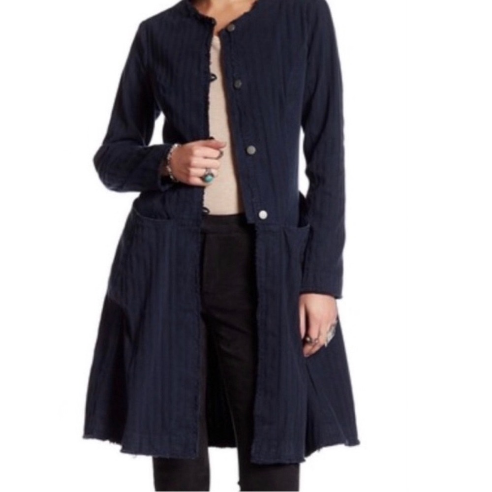 Free People Denim Longline Duster Textured Jacket‎ Button Up Frayed Boho Goth
